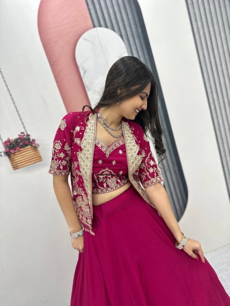 Lavish Magenta Chinon Embroidered Lehenga Choli with a matching jacket Designer Lehenga Choli