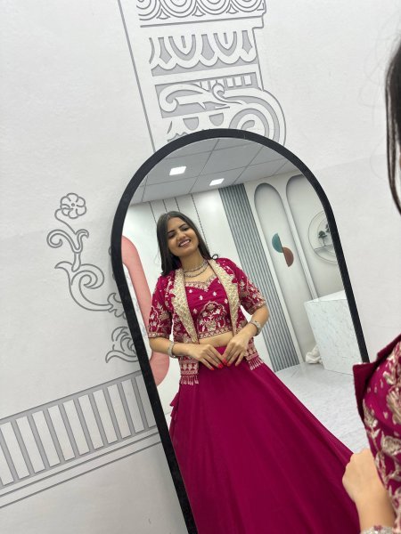 Lavish Magenta Chinon Embroidered Lehenga Choli with a matching jacket Designer Lehenga Choli