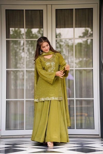 Lavish Mahendi Green Chinnon Kurti Plazzo Dupatta Set with Foil Print at Wholesale Rate 3 Piece Kurti Set