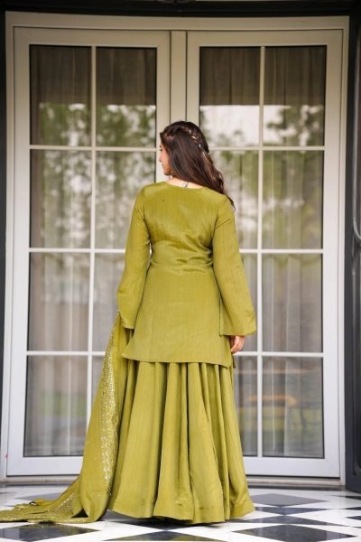 Lavish Mahendi Green Chinnon Kurti Plazzo Dupatta Set with Foil Print at Wholesale Rate 3 Piece Kurti Set