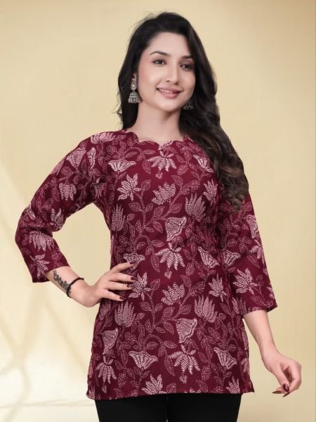 Lavish Maroon Designer Cotton Short Top with Beautiful Digital Print For Daily Wear Kurtis