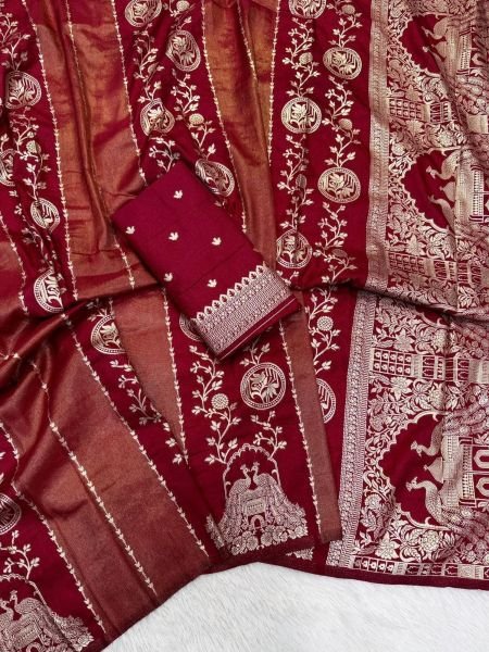 Lavish Maroon Festive Wear Crepe Khadi Cotton Silk Saree with Peacock Motifs 