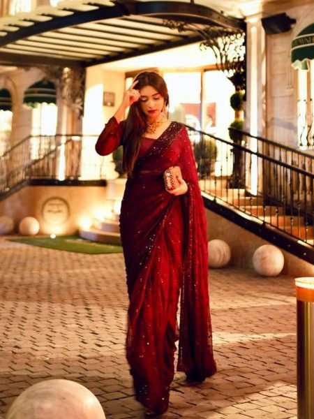 Lavish Maroon Georgette Saree with Sequins Work and Unstitched Blouse at Manufacturer Rate 