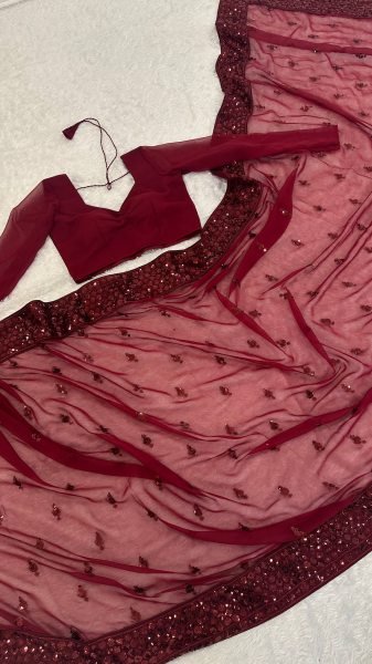 Lavish Maroon Georgette Saree with Sequins Work and Unstitched Blouse at Manufacturer Rate Bollywood Fancy Sarees Wholesale