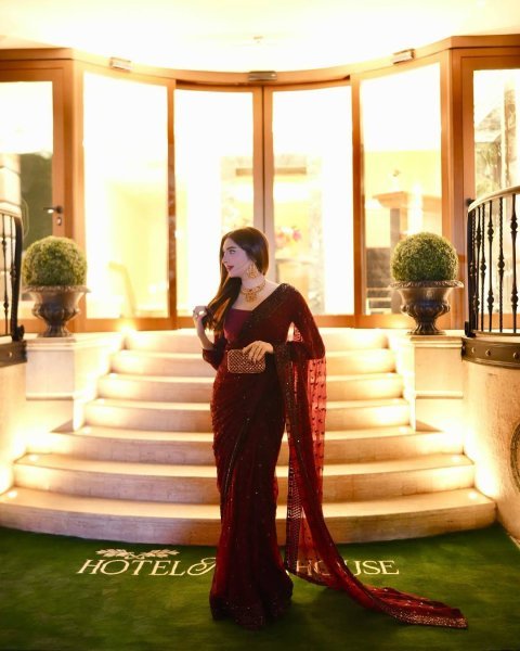 Lavish Maroon Georgette Saree with Sequins Work and Unstitched Blouse at Manufacturer Rate Bollywood Fancy Sarees Wholesale