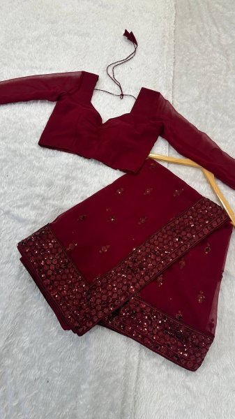 Lavish Maroon Georgette Saree with Sequins Work and Unstitched Blouse at Manufacturer Rate Bollywood Fancy Sarees Wholesale