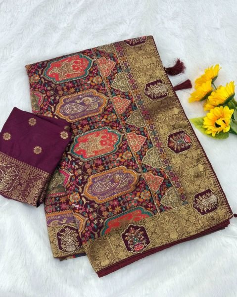 Lavish Maroon Nylon Tissue Saree with Zarkan Work for Party Wear Printed Cotton Sarees Wholesale