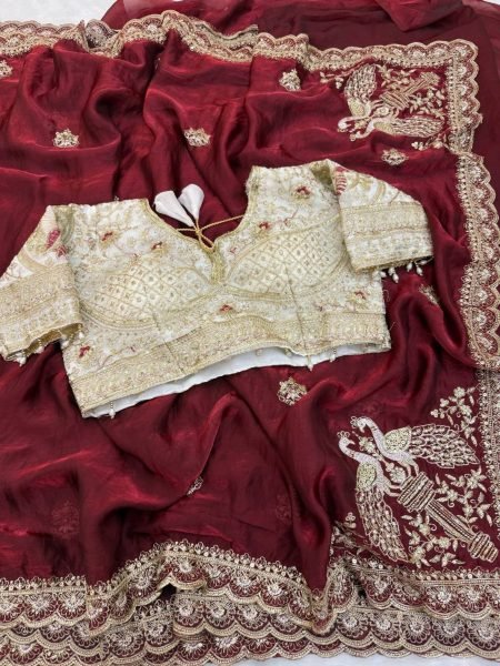 Lavish Maroon Space Satin Saree with Peacock Inspired Embroidery and Ready Stitched Blouse Sarees 