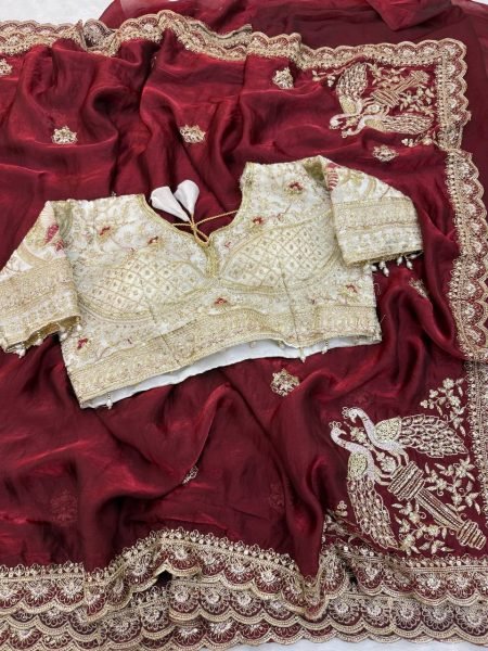 Lavish Maroon Space Satin Saree with Peacock Inspired Embroidery and Ready Stitched Blouse Embroidery Sarees Wholesale