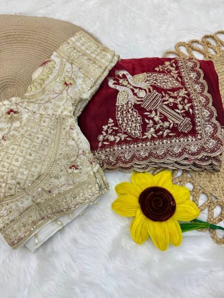 Lavish Maroon Space Satin Saree with Peacock Inspired Embroidery and Ready Stitched Blouse Embroidery Sarees Wholesale
