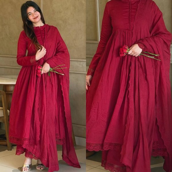 Lavish Maroon Style Heavy Roman Silk Gown with Designer Embroidered Dupatta Ready To Wear Collection