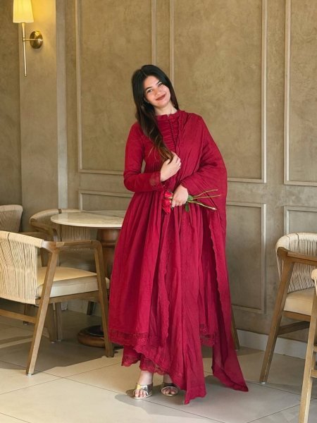 Lavish Maroon Style Heavy Roman Silk Gown with Designer Embroidered Dupatta Ready To Wear Collection