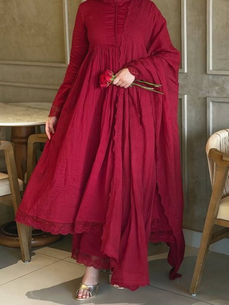 Lavish Maroon Style Heavy Roman Silk Gown with Designer Embroidered Dupatta Ready To Wear Collection