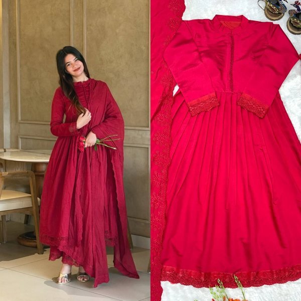Lavish Maroon Style Heavy Roman Silk Gown with Designer Embroidered Dupatta Ready To Wear Collection
