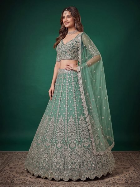 Lavish Mint Green Designer Bridal Lehenga with Floral Zari Embroidery Dupatta at Wholesale Rate Bridal Lehenga Choli