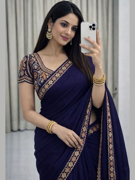 Lavish Navy Blue Silk Blend Saree with Designer Embroidered Blouse Piece  Sarees 