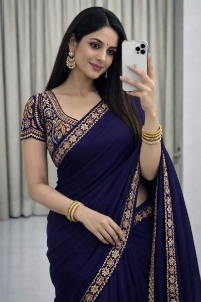 Lavish Navy Blue Silk Blend Saree with Designer Embroidered Blouse Piece  Silk Sarees Wholesale