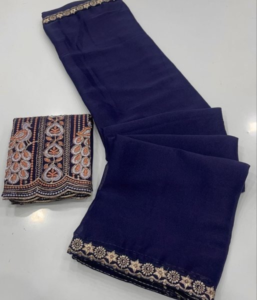 Lavish Navy Blue Silk Blend Saree with Designer Embroidered Blouse Piece  Silk Sarees Wholesale