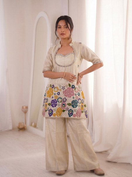 Lavish Off White Designer Tissue Shimmer Silk Co Ord Set with Mirror Work Kurtis