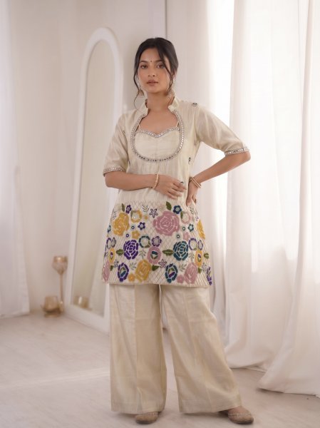 Lavish Off White Designer Tissue Shimmer Silk Co Ord Set with Mirror Work CO ORD Sets