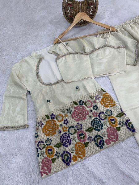 Lavish Off White Designer Tissue Shimmer Silk Co Ord Set with Mirror Work CO ORD Sets