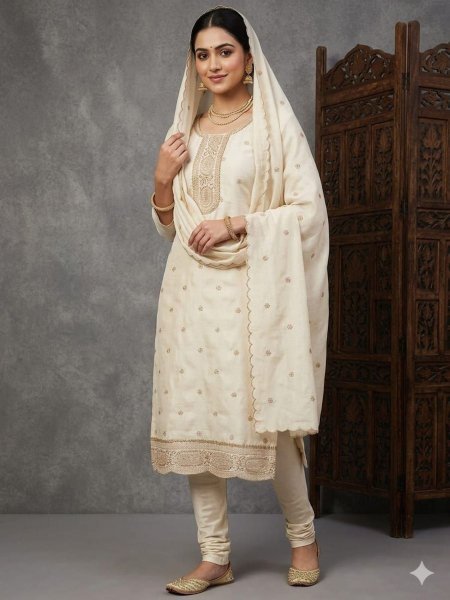 Lavish Off White Vichitra Silk Salwar Suit with Rich Embroidery Work for Festive Wear 