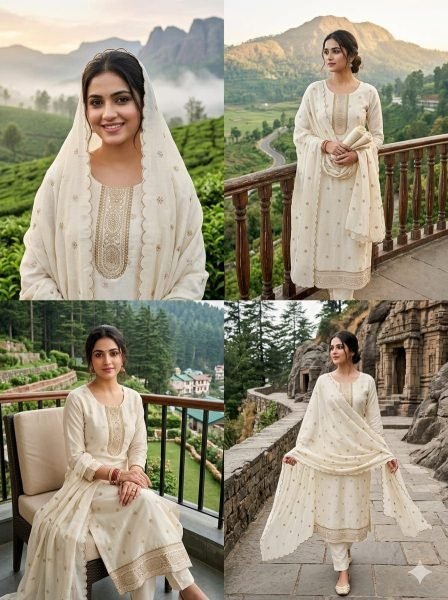 Lavish Off White Vichitra Silk Salwar Suit with Rich Embroidery Work for Festive Wear Color Set Matching Dress Material Wholesale