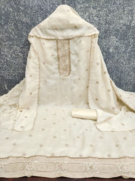 Lavish Off White Vichitra Silk Salwar Suit with Rich Embroidery Work for Festive Wear Color Set Matching Dress Material Wholesale