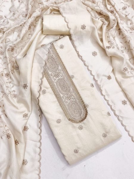Lavish Off White Vichitra Silk Salwar Suit with Rich Embroidery Work for Festive Wear Color Set Matching Dress Material Wholesale