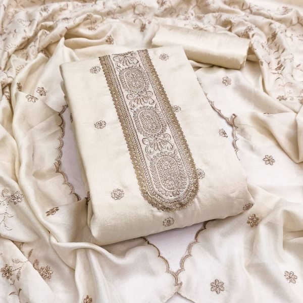 Lavish Off White Vichitra Silk Salwar Suit with Rich Embroidery Work for Festive Wear Color Set Matching Dress Material Wholesale