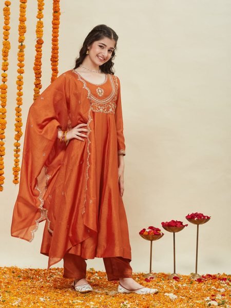 Lavish Orange Silk Blend Embroidered Kurti Pant Set with Dupatta for Kids Wear Supplier Girls Wear