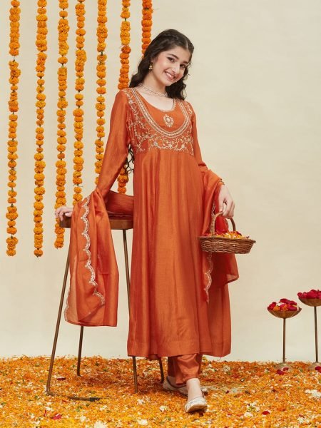 Lavish Orange Silk Blend Embroidered Kurti Pant Set with Dupatta for Kids Wear Supplier Girls Wear