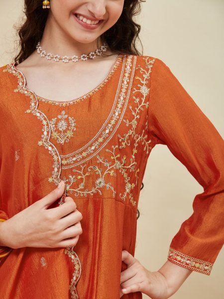 Lavish Orange Silk Blend Embroidered Kurti Pant Set with Dupatta for Kids Wear Supplier Girls Wear