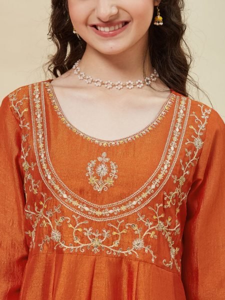 Lavish Orange Silk Blend Embroidered Kurti Pant Set with Dupatta for Kids Wear Supplier Girls Wear