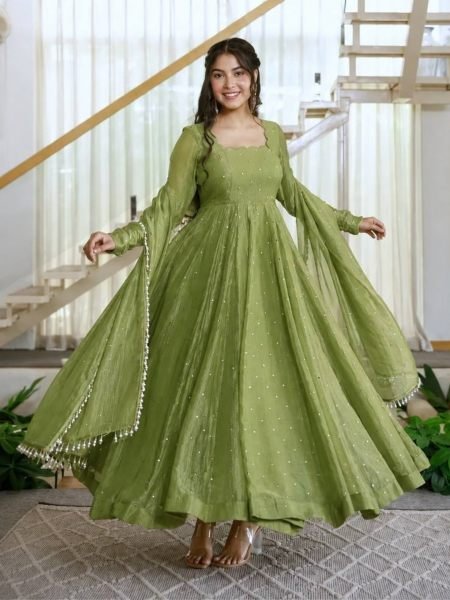 Lavish Parrot Green Salsa Silk Gown Pant Dupatta Set with Foil Work For Festival Ready To Wear Suit