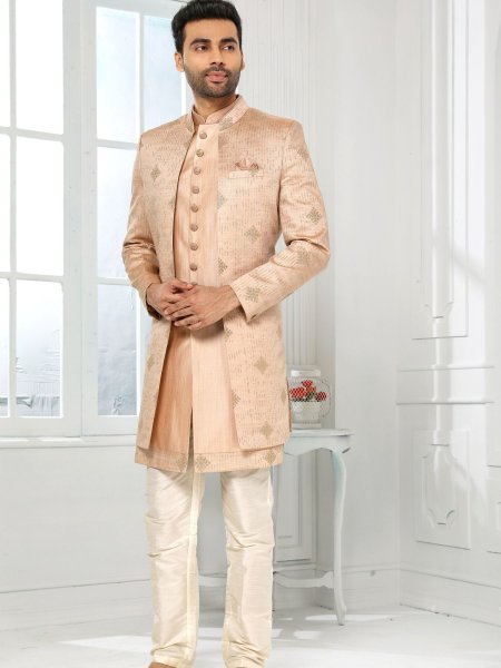 Lavish Peach Mens Indo Western Set with Aligadhi Pant for Special Events Mens Wear