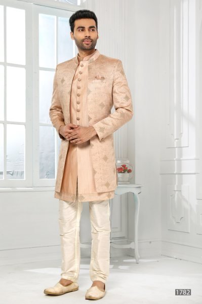 Lavish Peach Mens Indo Western Set with Aligadhi Pant for Special Events Kurta Pajama Wholesale