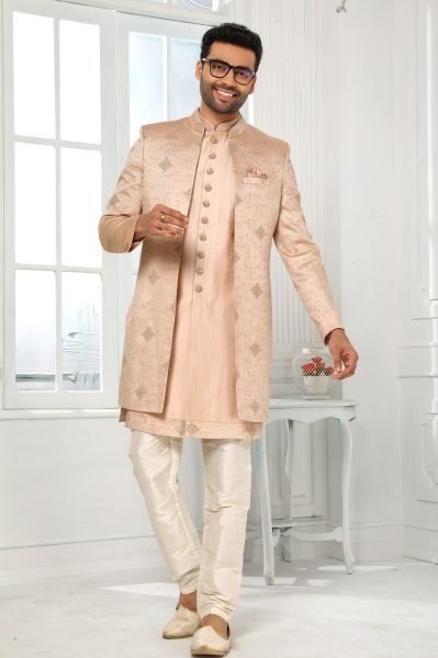 Lavish Peach Mens Indo Western Set with Aligadhi Pant for Special Events Kurta Pajama Wholesale