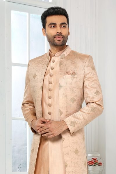 Lavish Peach Mens Indo Western Set with Aligadhi Pant for Special Events Kurta Pajama Wholesale