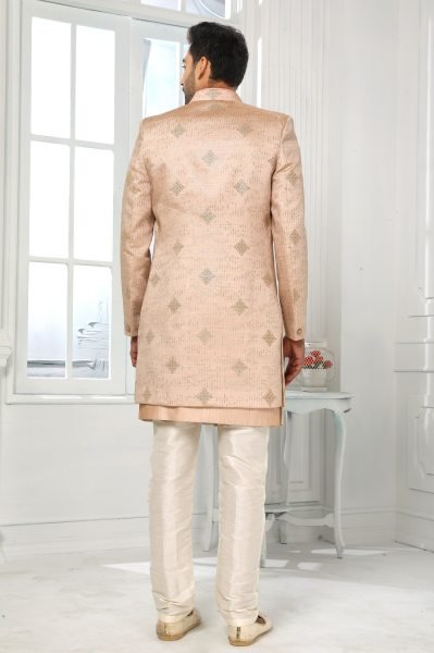 Lavish Peach Mens Indo Western Set with Aligadhi Pant for Special Events Kurta Pajama Wholesale