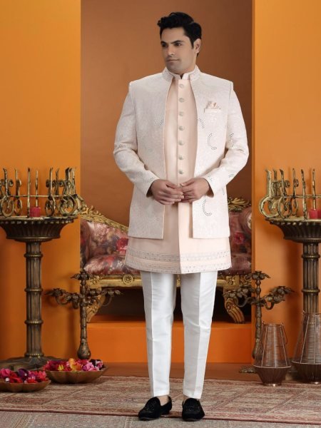 Lavish Peach Stylish men Suit Set with Computer Embroidery Thread Design 