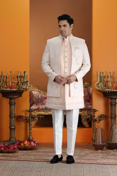 Lavish Peach Stylish men Suit Set with Computer Embroidery Thread Design Kurta Pajama Wholesale
