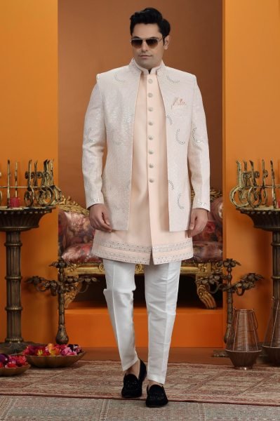 Lavish Peach Stylish men Suit Set with Computer Embroidery Thread Design Kurta Pajama Wholesale