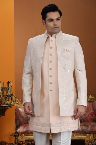 Lavish Peach Stylish men Suit Set with Computer Embroidery Thread Design Kurta Pajama Wholesale