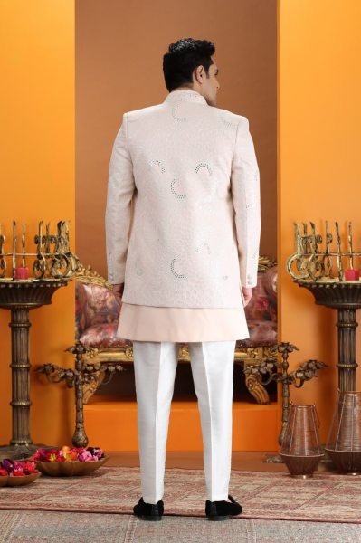 Lavish Peach Stylish men Suit Set with Computer Embroidery Thread Design Kurta Pajama Wholesale