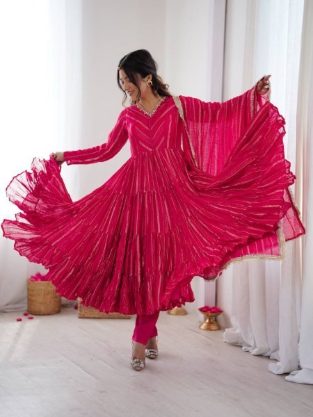 Lavish Pink Fully Stitch  Mal Chanderi  Full Sleeve Gown with  Lace Border Dupatta for  Functional Wear  Kurtis