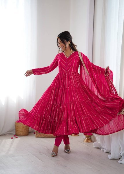 Lavish Pink Fully Stitch  Mal Chanderi  Full Sleeve Gown with  Lace Border Dupatta for  Functional Wear  Plus Size Kurti / Gown
