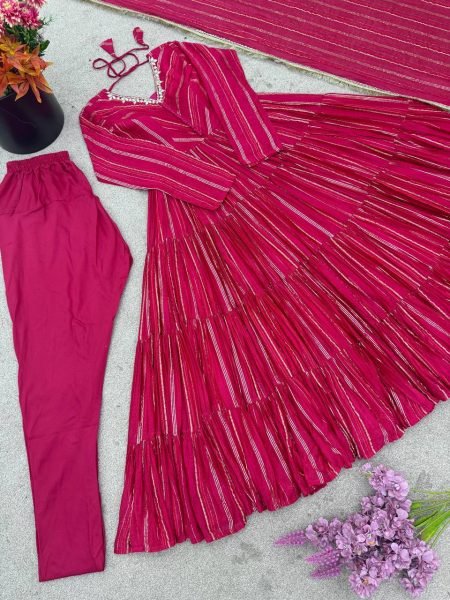 Lavish Pink Fully Stitch  Mal Chanderi  Full Sleeve Gown with  Lace Border Dupatta for  Functional Wear  Plus Size Kurti / Gown