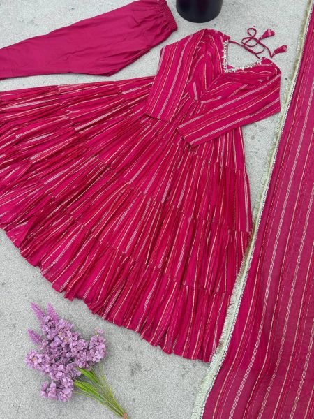 Lavish Pink Fully Stitch  Mal Chanderi  Full Sleeve Gown with  Lace Border Dupatta for  Functional Wear  Plus Size Kurti / Gown