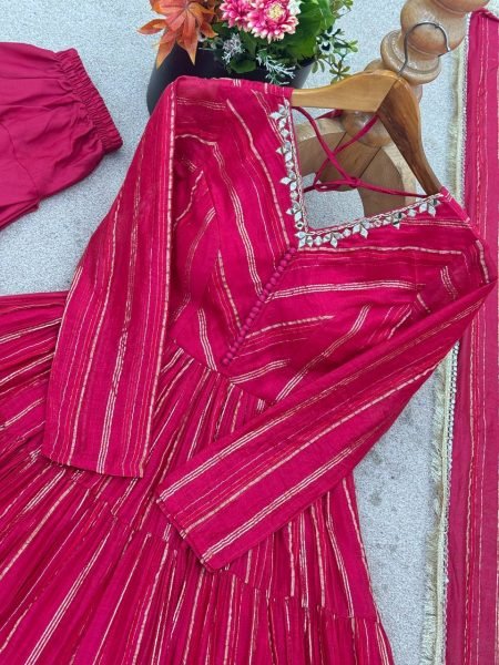 Lavish Pink Fully Stitch  Mal Chanderi  Full Sleeve Gown with  Lace Border Dupatta for  Functional Wear  Plus Size Kurti / Gown